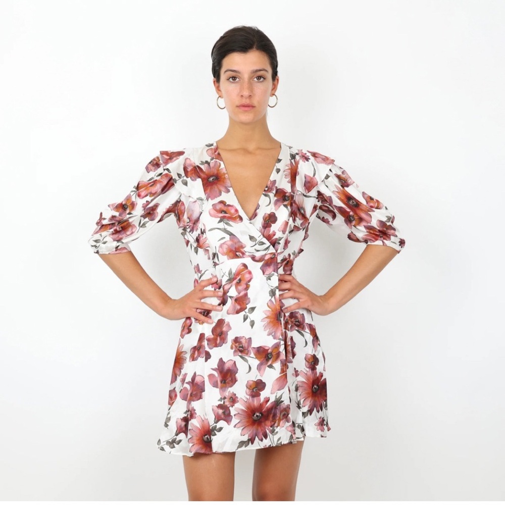 The Kooples Dress Silk Floral Print Wrap‎ Mini Pink White Puff Sleeves Boho NWT